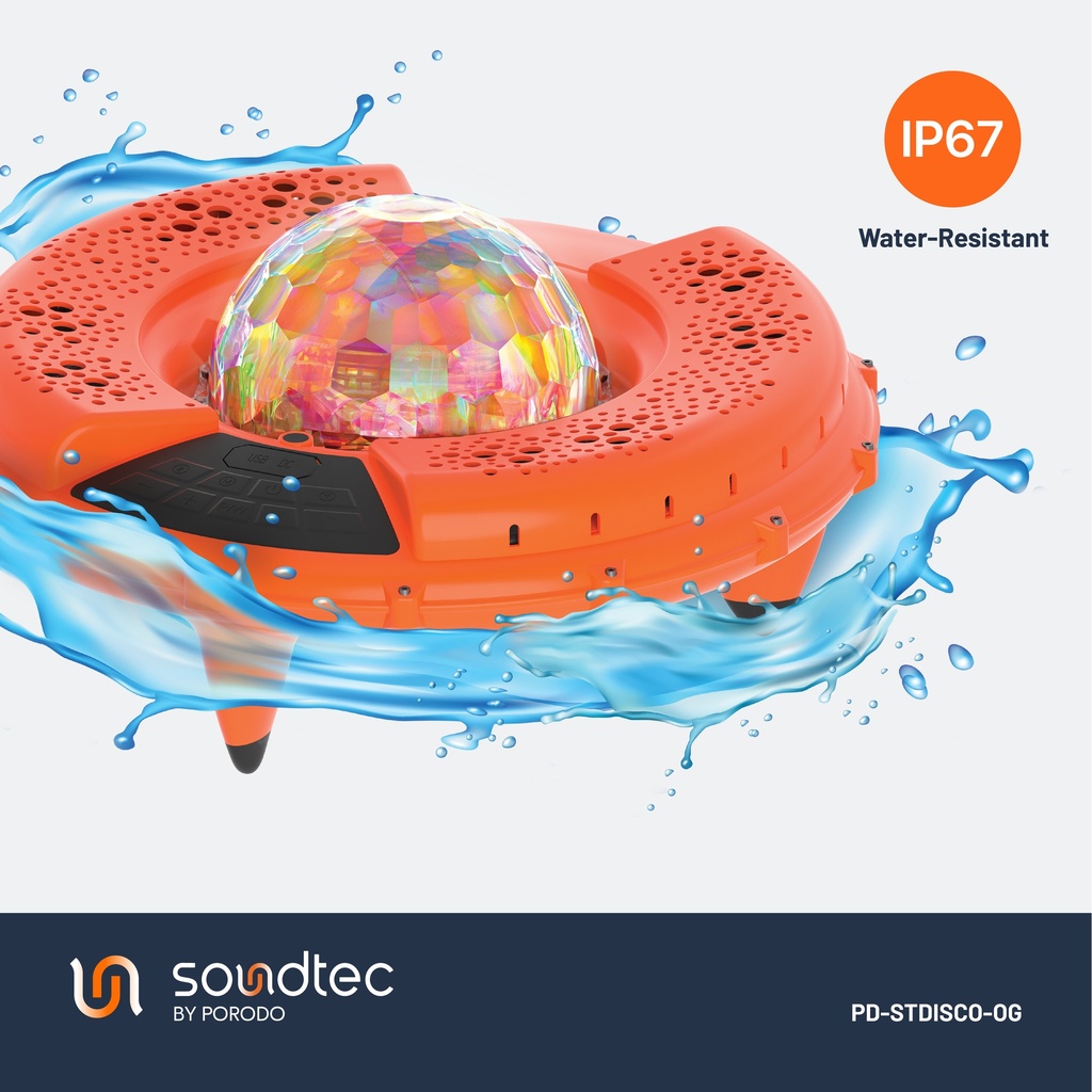 Porodo Soundtec Disco LED Light Floating Waterproof Speaker - Orange 5 Porodo Soundtec Disco LED Light Floating Waterproof Speaker - Orange - Image 5
