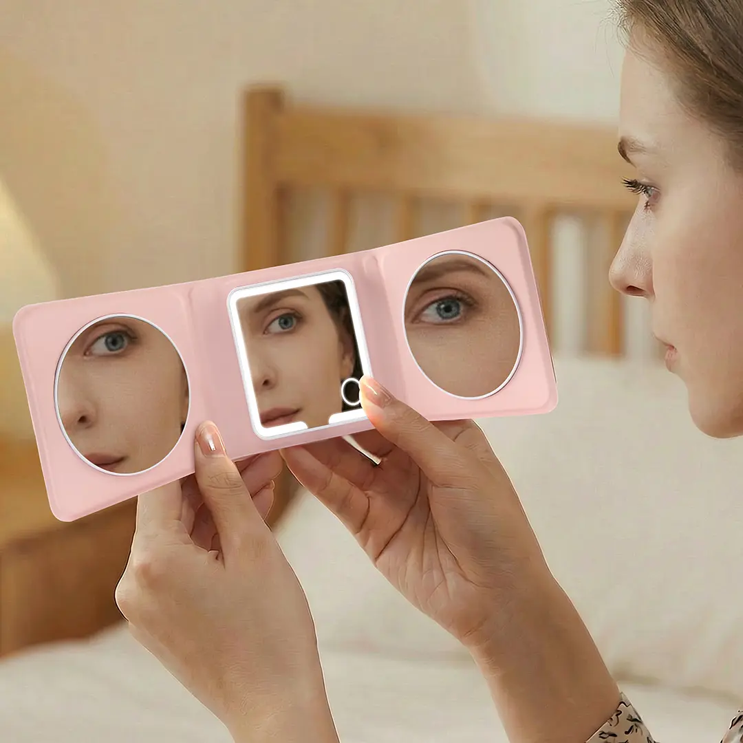 Porodo Lily LED Portable Tri-Fold Makeup Mirror - Pink 6 Porodo Lily LED Portable Tri-Fold Makeup Mirror - Pink - Image 6