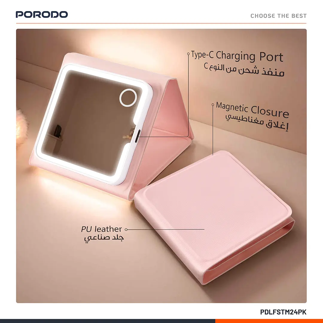 Porodo Lily LED Portable Tri-Fold Makeup Mirror - Pink 3 Porodo Lily LED Portable Tri-Fold Makeup Mirror - Pink - Image 3