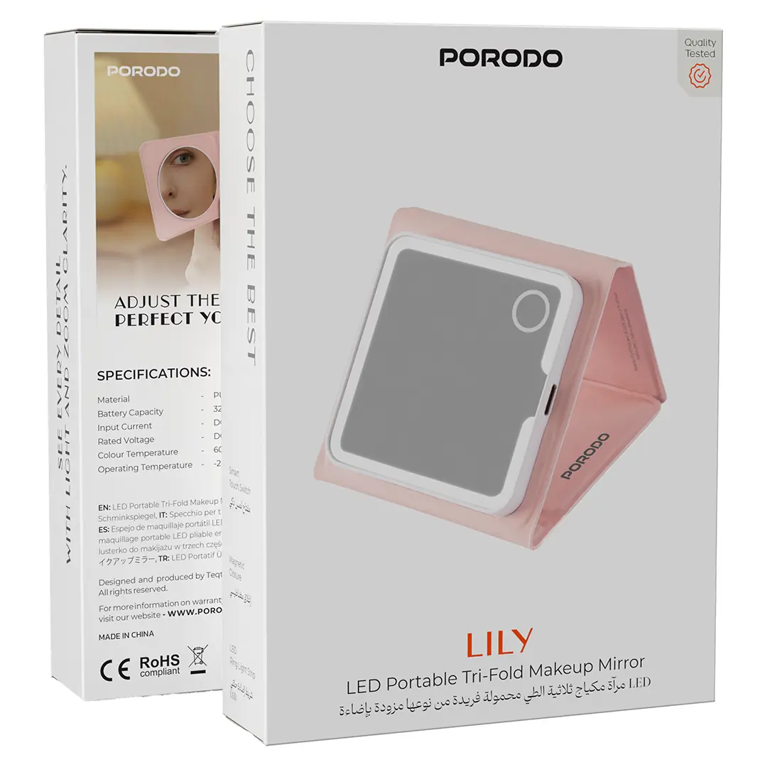 Porodo Lily LED Portable Tri-Fold Makeup Mirror - Pink 2 Porodo Lily LED Portable Tri-Fold Makeup Mirror - Pink - Image 2
