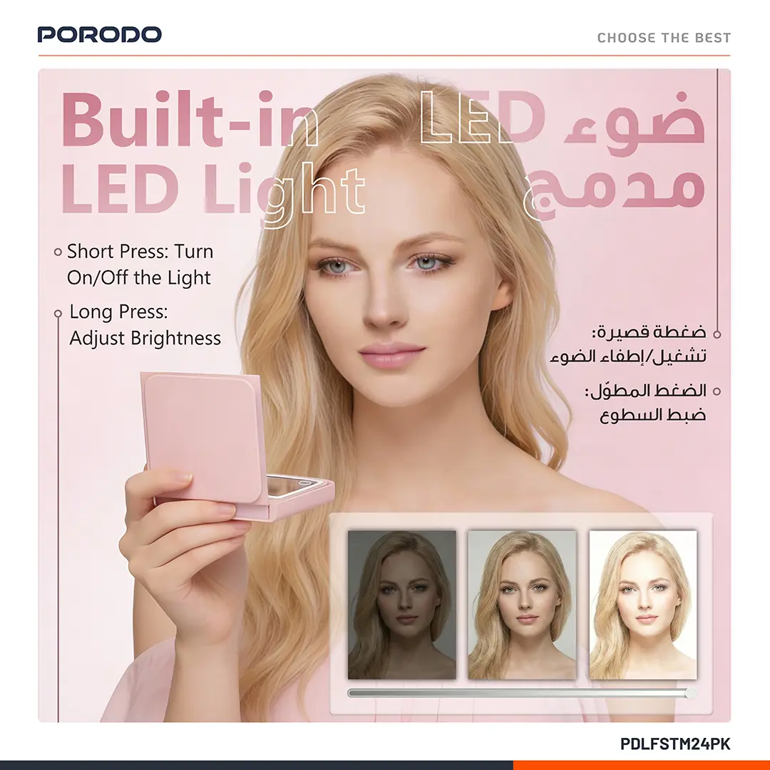 Porodo Lily LED Portable Tri-Fold Makeup Mirror - Pink 4 Porodo Lily LED Portable Tri-Fold Makeup Mirror - Pink - Image 4