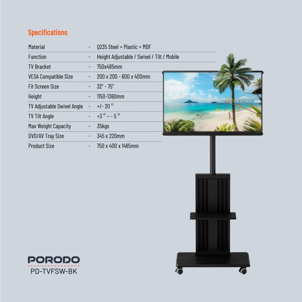 Porodo 32"-75" TV Floor Stand With Wheels 4 Porodo 32"-75" TV Floor Stand With Wheels - Image 4