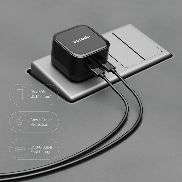Porodo Super-Fast Dual USB-C Wall Charger PD 35W UK with Braided Type-C to Lightning Cable 1.2m 5 Porodo Super-Fast Dual USB-C Wall Charger PD 35W UK with Braided Type-C to Lightning Cable 1.2m - Image 5