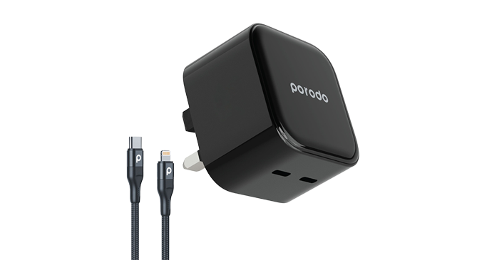 Porodo Super-Fast Dual USB-C Wall Charger PD 35W UK with Braided Type-C to Lightning Cable 1.2m 1 Porodo Super-Fast Dual USB-C Wall Charger PD 35W UK with Braided Type-C to Lightning Cable 1.2m