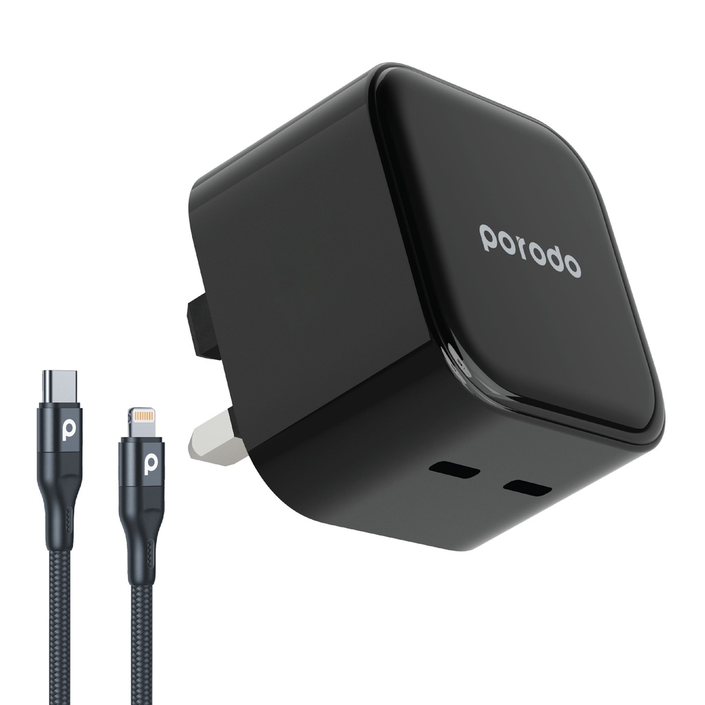 Porodo Super-Fast Dual USB-C Wall Charger PD 35W UK with Braided Type-C to Lightning Cable 1.2m 2 Porodo Super-Fast Dual USB-C Wall Charger PD 35W UK with Braided Type-C to Lightning Cable 1.2m - Image 2