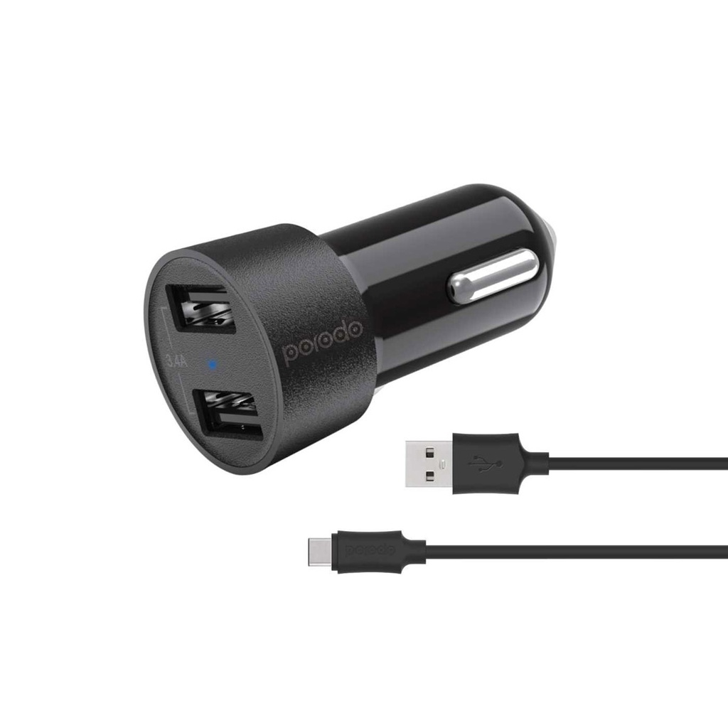 Porodo Dual USB Car Charger 3.4A with Type-C Cable 4ft. 1 Porodo Dual USB Car Charger 3.4A with Type-C Cable 4ft.