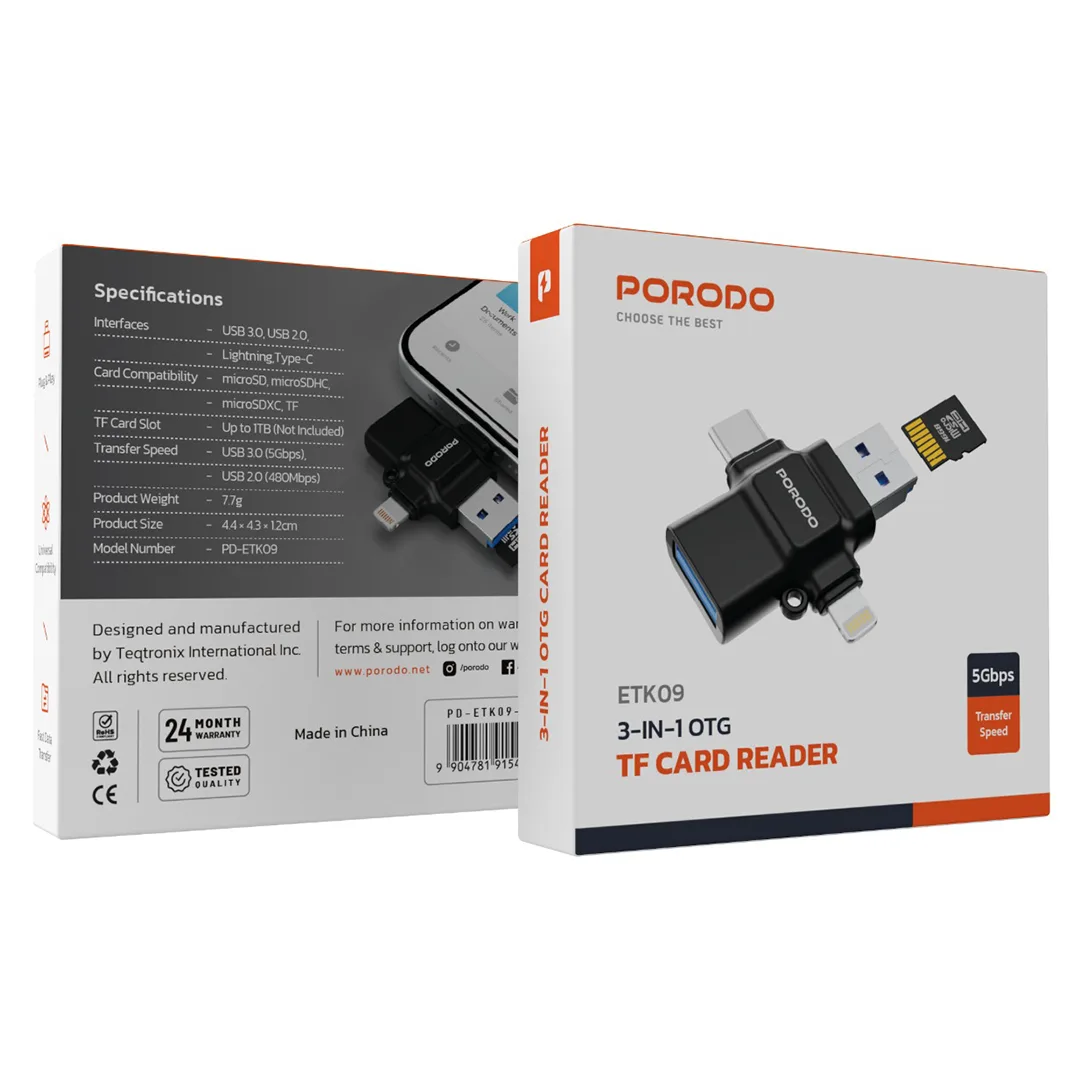 Porodo 4-in-1 OTG Adapter, TF Card Reader 2 Porodo 4-in-1 OTG Adapter, TF Card Reader - Image 2