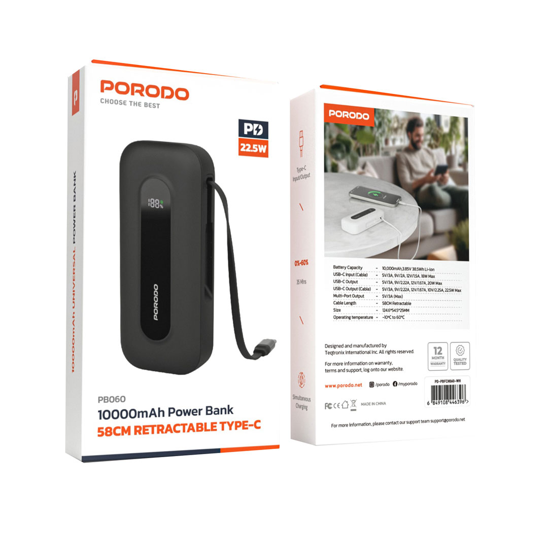 Porodo 10000mAh Power bank 58cm Retractable Type-C 2 Porodo 10000mAh Power bank 58cm Retractable Type-C - Image 2