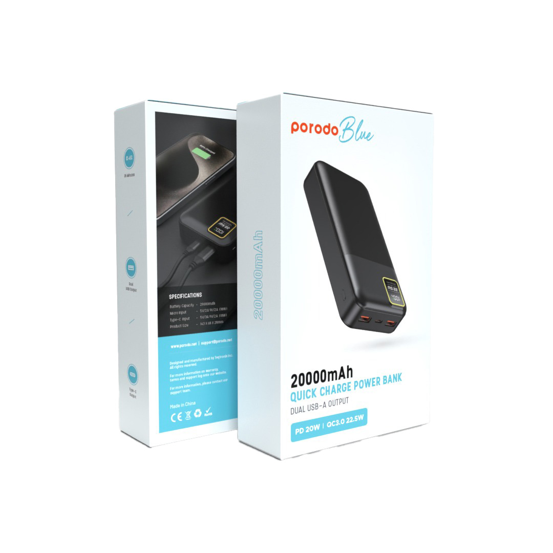 Porodo Blue 20000mAh/22.5W Quick Charge Power Bank Dual USB-A Output 2 Porodo Blue 20000mAh/22.5W Quick Charge Power Bank Dual USB-A Output - Image 2