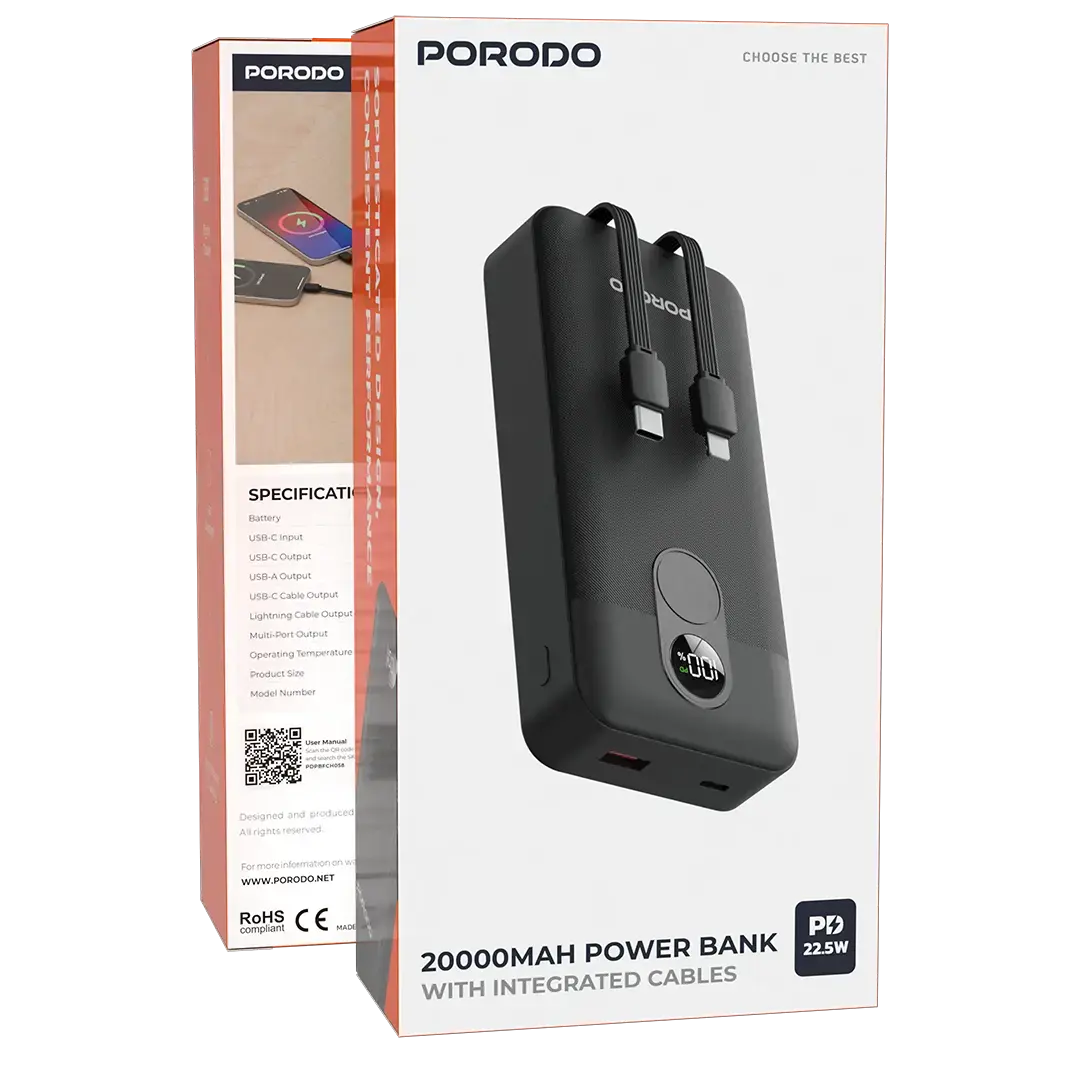 Porodo 20000mAh Powerbank with Integrated Cable 2 Porodo 20000mAh Powerbank with Integrated Cable - Image 2
