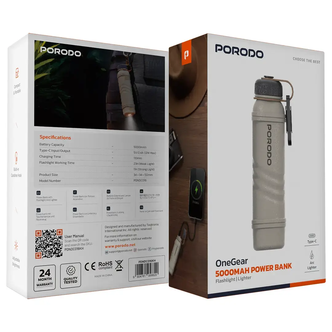 Porodo OneGear with 5000mAh Power Bank with Flashlight & Lighter - Khaki 3 Porodo OneGear with 5000mAh Power Bank with Flashlight & Lighter - Khaki - Image 3
