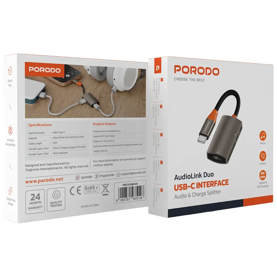 Porodo AudioLink Duo USB-C Interface Audio and Charge Splitter - Black & Orange 2 Porodo AudioLink Duo USB-C Interface Audio and Charge Splitter - Black & Orange - Image 2