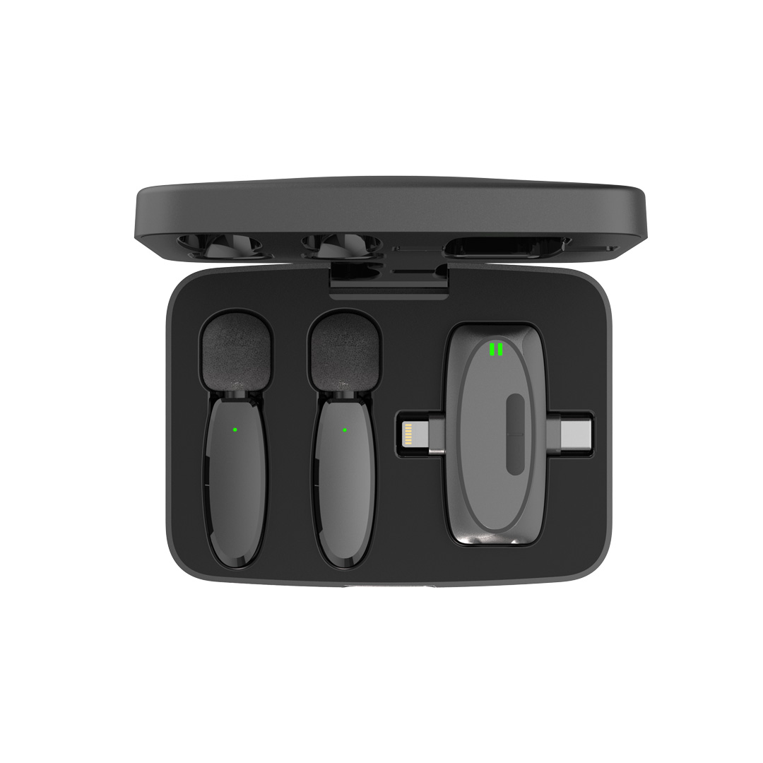 Porodo Dual Connector Lavalier Microphone Dual Mic with Charging Case- Black 2 Porodo Dual Connector Lavalier Microphone Dual Mic with Charging Case- Black - Image 2