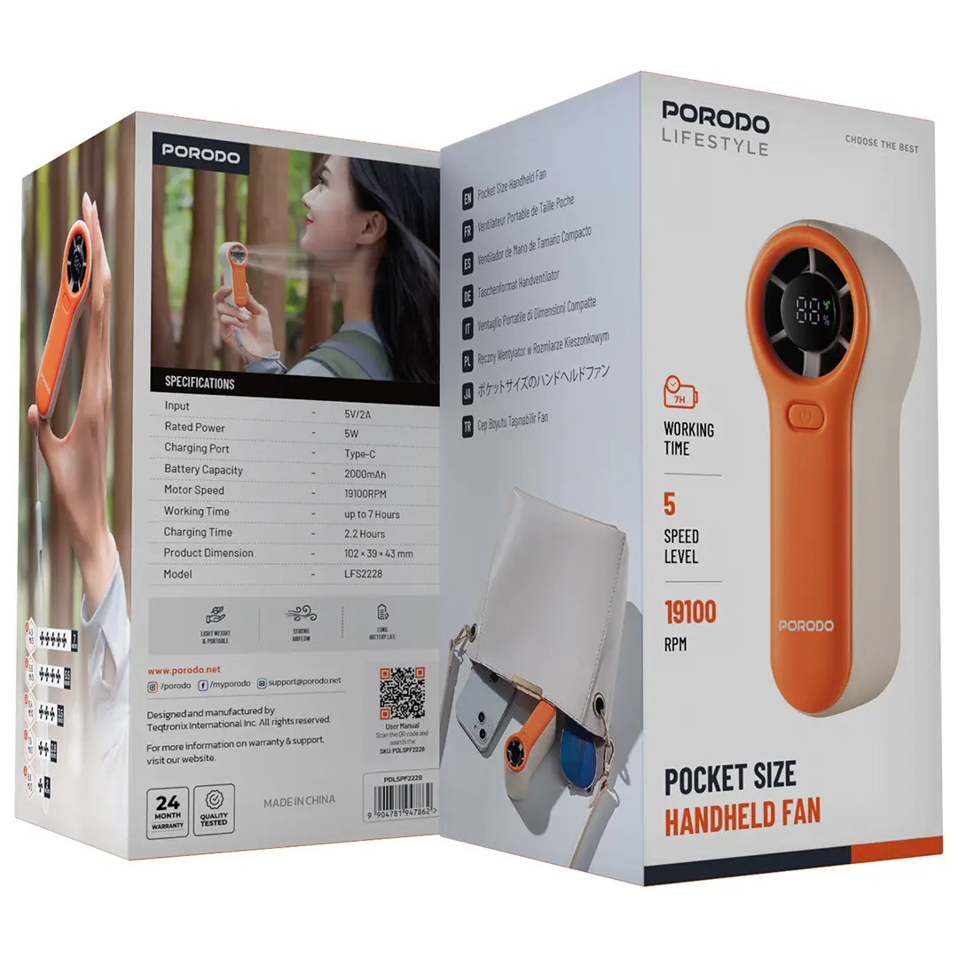 Porodo Lifestyle Pocket Size Handheld Fan - White/Orange 2 Porodo Lifestyle Pocket Size Handheld Fan - White/Orange - Image 2