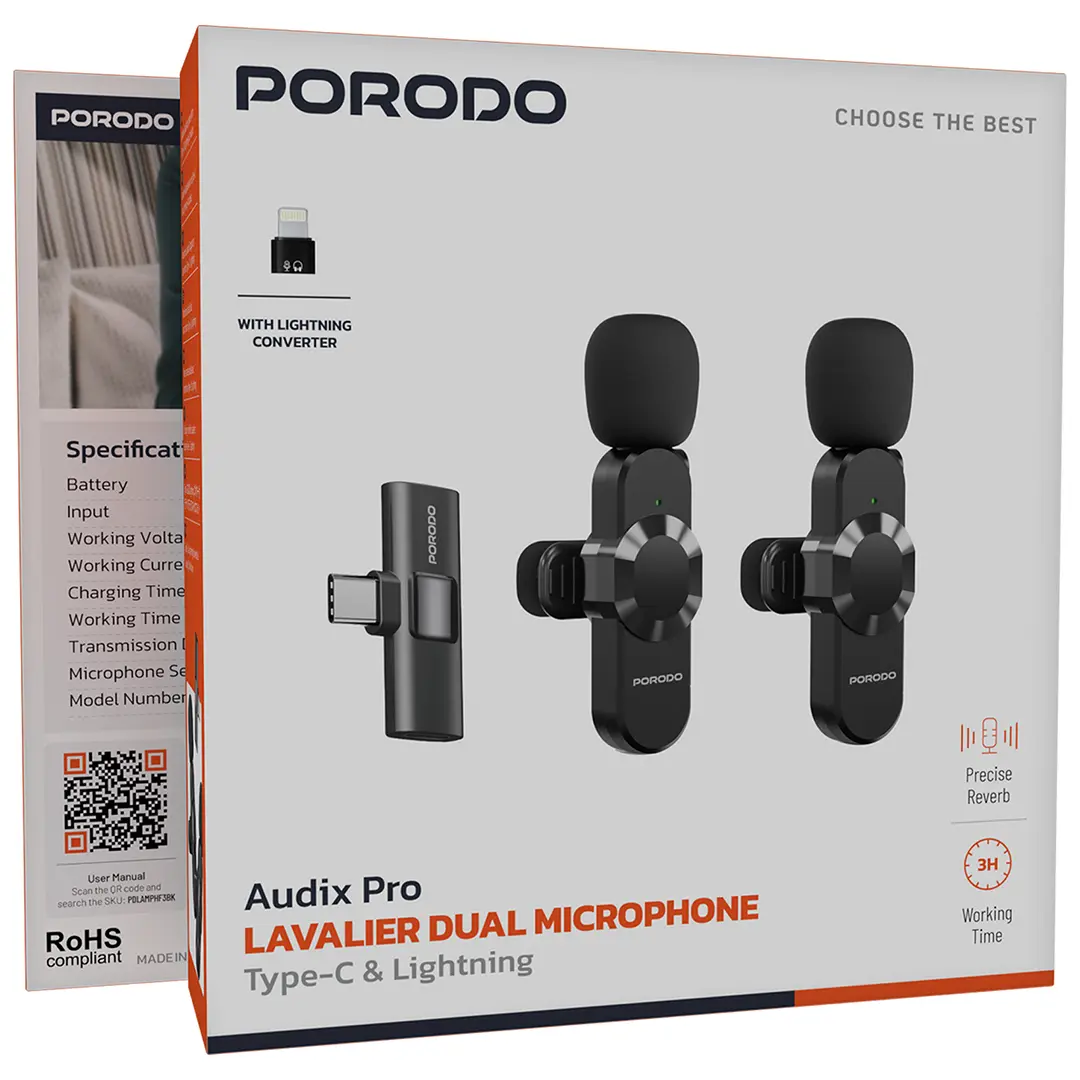 Porodo Audix Pro Lavalier Dual Microphone Type-C & Lightning 4 Porodo Audix Pro Lavalier Dual Microphone Type-C & Lightning - Image 4