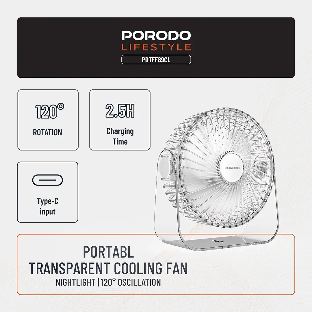 Porodo Lifestyle Portable Transparent Cooling Fan - Clear 4 Porodo Lifestyle Portable Transparent Cooling Fan - Clear - Image 4
