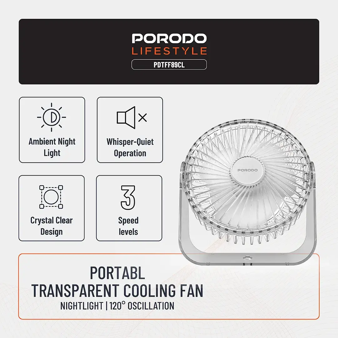 Porodo Lifestyle Portable Transparent Cooling Fan - Clear 3 Porodo Lifestyle Portable Transparent Cooling Fan - Clear - Image 3