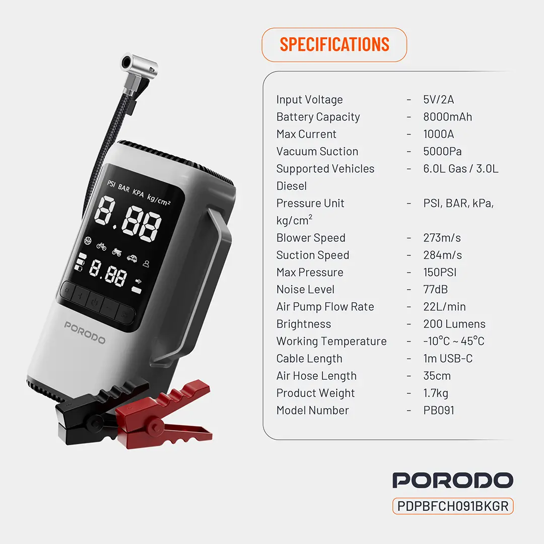Porodo Multi-Function 6-In-1 Power Tool Jump Starter with Air Compressor & Power Bank - Black Gray 2 Porodo Multi-Function 6-In-1 Power Tool Jump Starter with Air Compressor & Power Bank - Black Gray - Image 2
