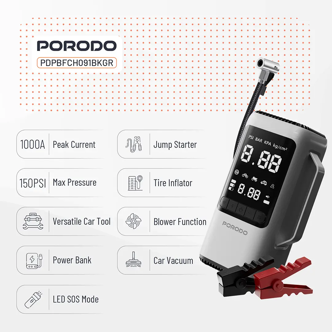 Porodo Multi-Function 6-In-1 Power Tool Jump Starter with Air Compressor & Power Bank - Black Gray 3 Porodo Multi-Function 6-In-1 Power Tool Jump Starter with Air Compressor & Power Bank - Black Gray - Image 3