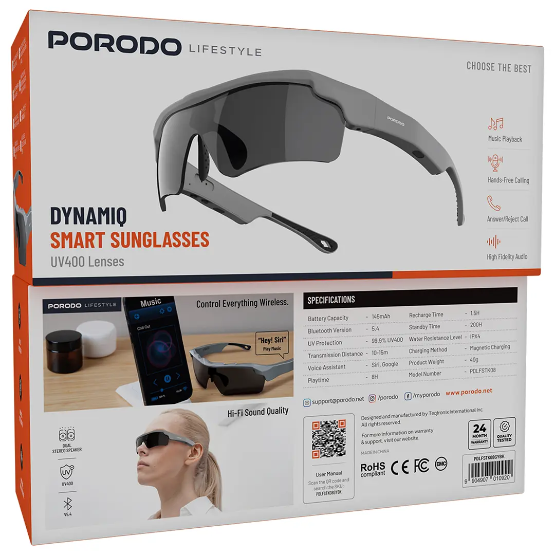Porodo Lifestyle Dynamiq Smart Sunglasses - Gray & Black 4 Porodo Lifestyle Dynamiq Smart Sunglasses - Gray & Black - Image 4