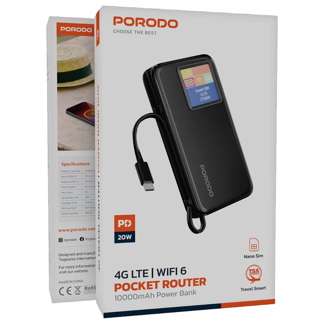 Porodo 4G LTE | WiFi 6 Pocket Router with 10000mAh Power Bank 2 Porodo 4G LTE | WiFi 6 Pocket Router with 10000mAh Power Bank - Image 2