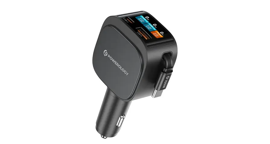 Powerology VoltMax 130W Pro Fast Car Charger with Retractable Cable - Black 1 Powerology VoltMax 130W Pro Fast Car Charger with Retractable Cable - Black