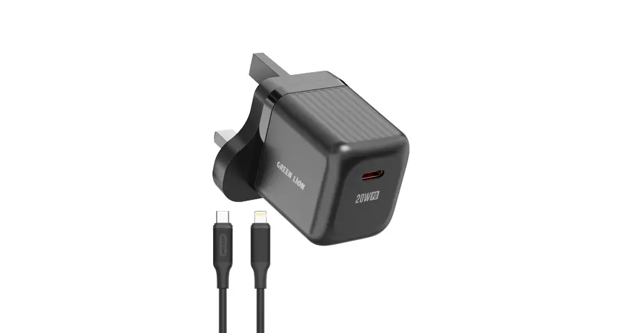 Green Lion Ultra Compact GaN Wall Charger UK Pin USB-C 20W with C to L - Black 1 Green Lion Ultra Compact GaN Wall Charger UK Pin USB-C 20W with C to L - Black