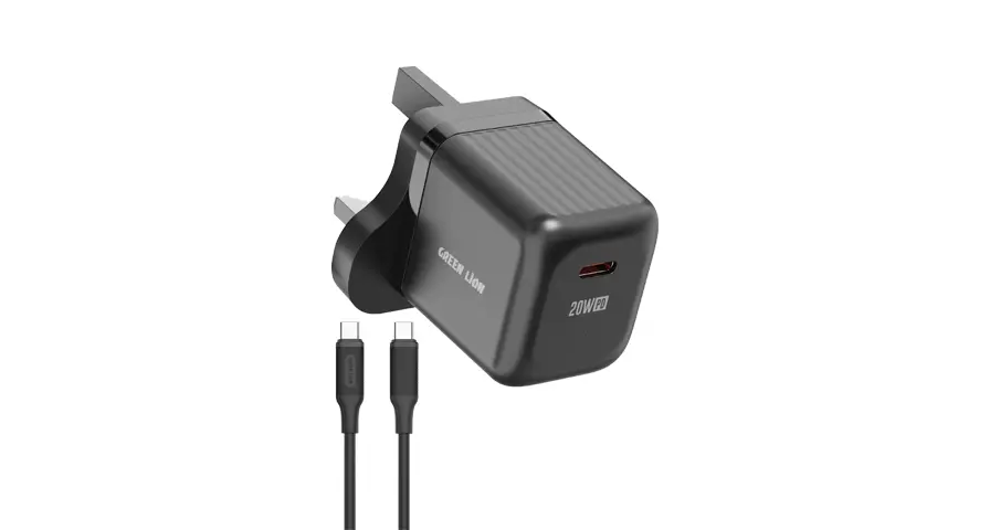 Green Lion Ultra Compact GaN Wall Charger UK Pin USB-C 20W with C to C Cable - Black 1 Green Lion Ultra Compact GaN Wall Charger UK Pin USB-C 20W with C to C Cable - Black