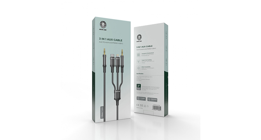 Green Lion 3 in 1 AUX Cable ( AUX / Lightning / USB-C ) 1M - Black 1 Green Lion 3 in 1 AUX Cable ( AUX / Lightning / USB-C ) 1M - Black