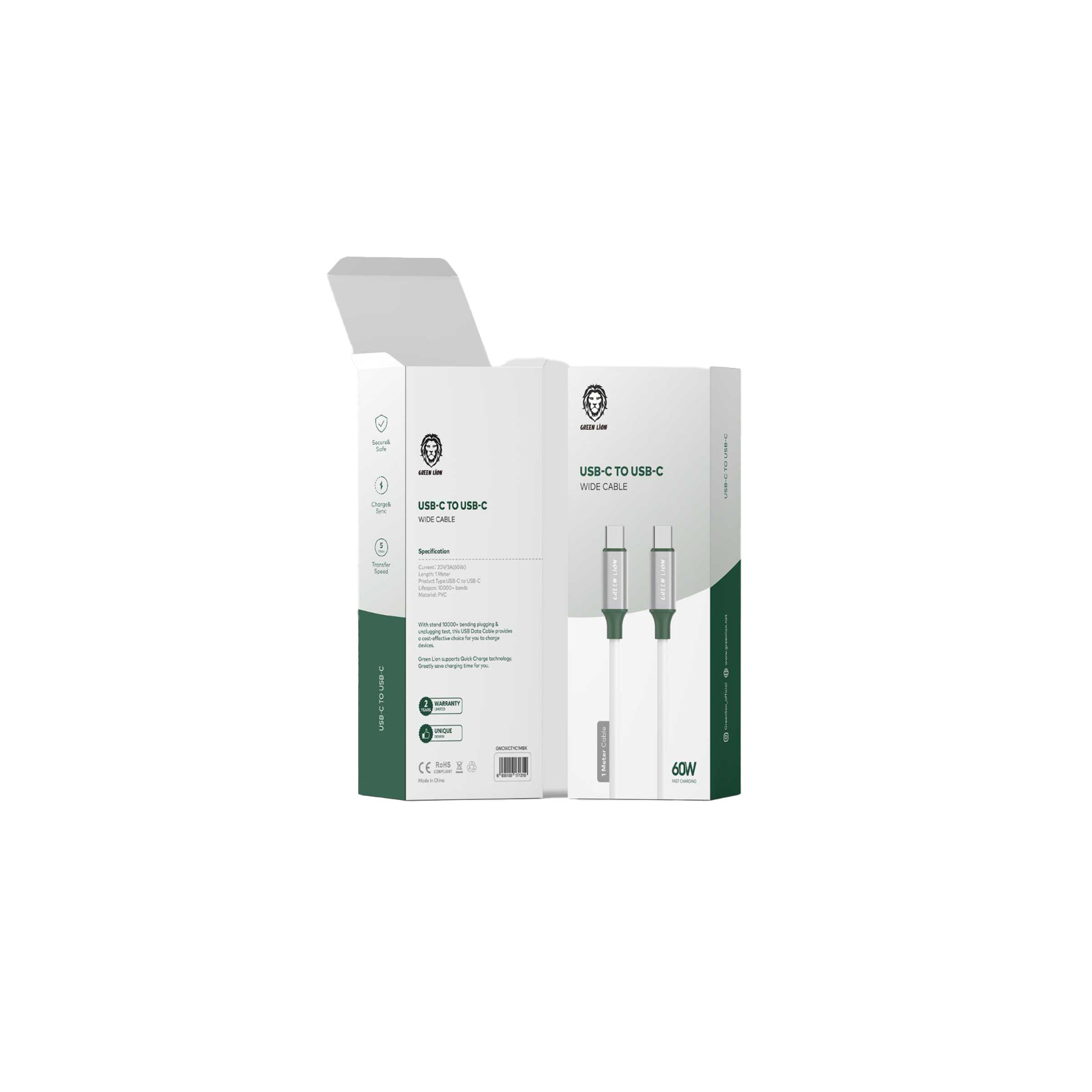 Green Lion PVC USB-C to Type-C Wide Cable 1M PD 60W - White 1 Green Lion PVC USB-C to Type-C Wide Cable 1M PD 60W - White