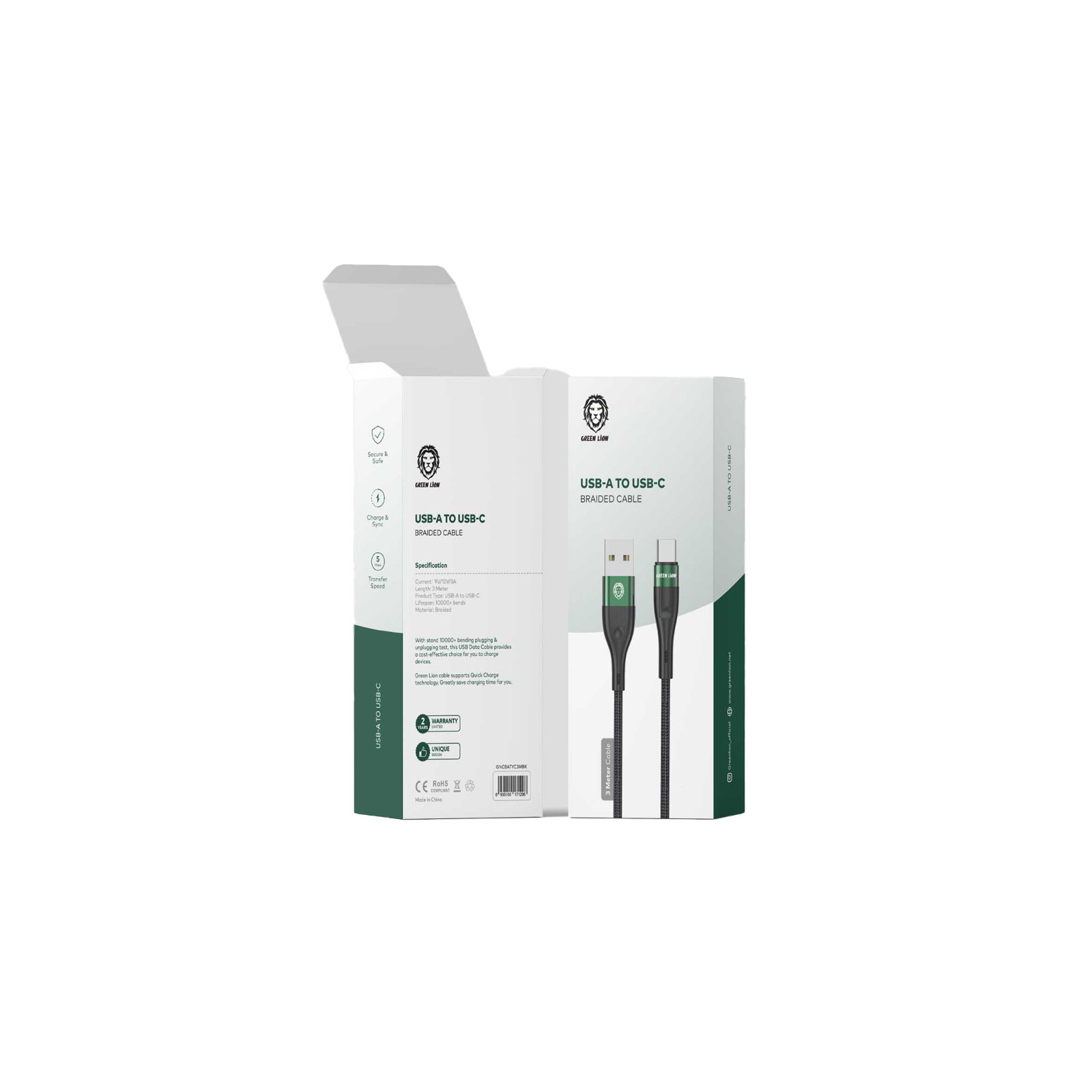 Green Lion USB-A to Type-C Braided Cable 3M - Black 1 Green Lion USB-A to Type-C Braided Cable 3M - Black