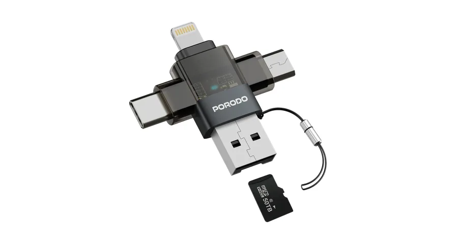 Porodo Minilink Transparent OTG Adapter with USB-C & Micro USB & Lightning & Memory Card- Grey 1 Porodo Minilink Transparent OTG Adapter with USB-C & Micro USB & Lightning & Memory Card- Grey